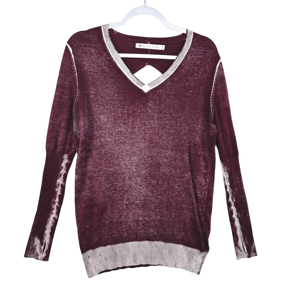 Blanc Noir Burgundy Acid Wash Open Back Heart Cutout V-Neck Sweater Women Size M